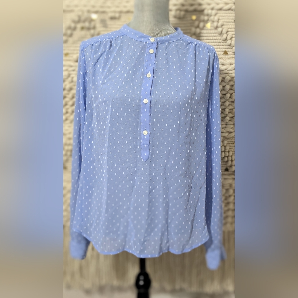 J.Crew Chiffon Polka Dot Print Long Sleeve Blouse  Womens Light Blue White L -3